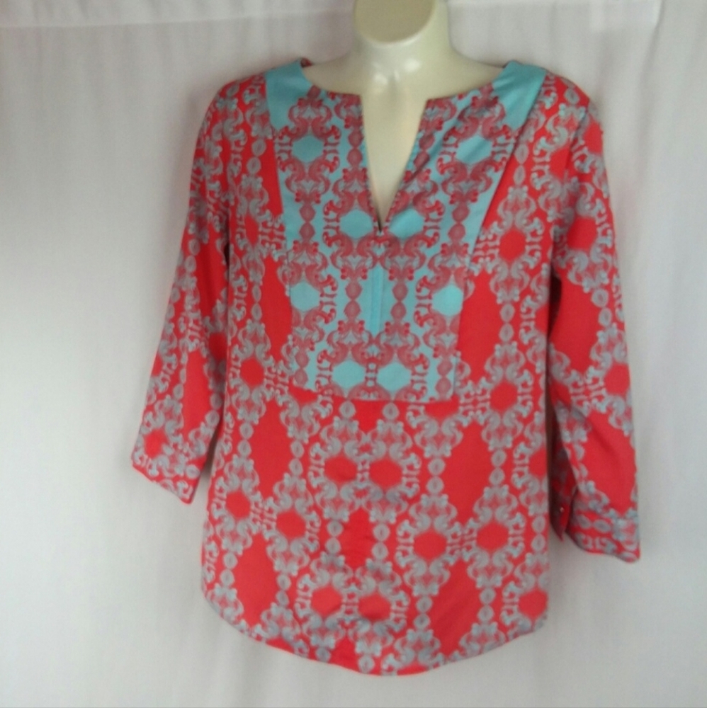 The Limited V-Neck, 3/4 Sleeve, Blouse, Pullover, Teal & Pink